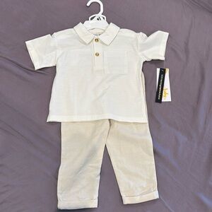 Bloomingdale’s two piece tan and white outfit